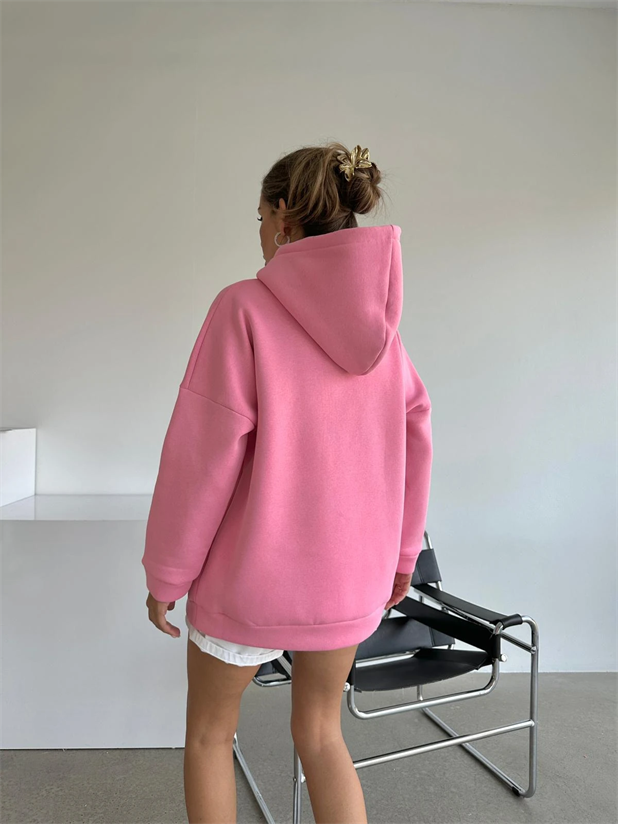 Queens Üç İplik Kapüşonlu Oversize Sweat Pembe - Pembe