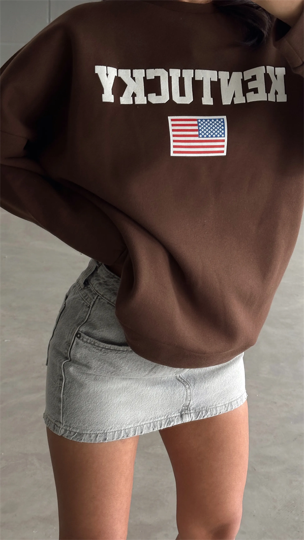 State Baskı Üç İplik Şardonlu Sweat Kahverengi - Kahverengi