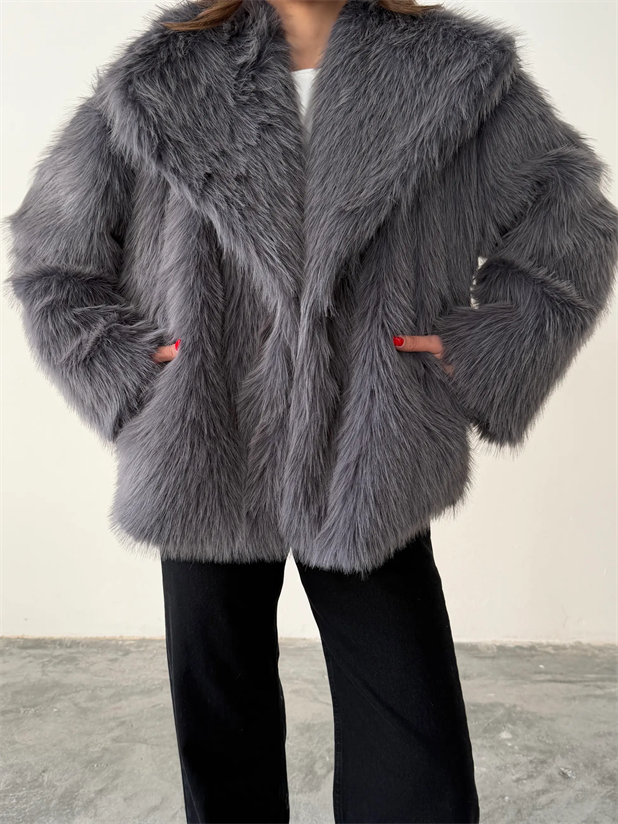 Çıtçıtlı Suni Kürk Ceket - Antrasit