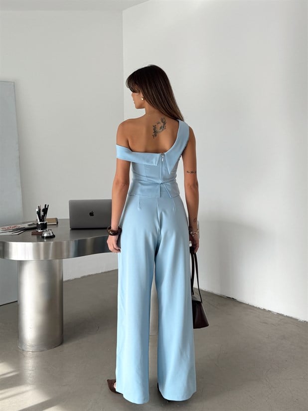 Yandan Katlama Düğme Detay Palazzo - Bebe Mavi