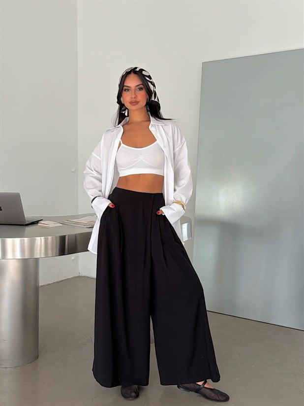 Etek Görünümlü Bol Paça Pantolon - Siyah