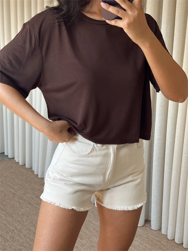 Düz Kısa Kol Crop Basic - Kahve