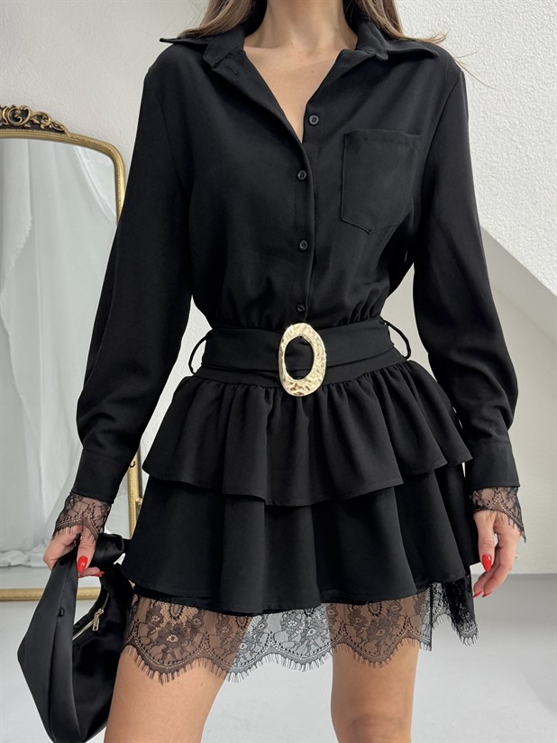 Kemerli Gömlek Elbise - Siyah