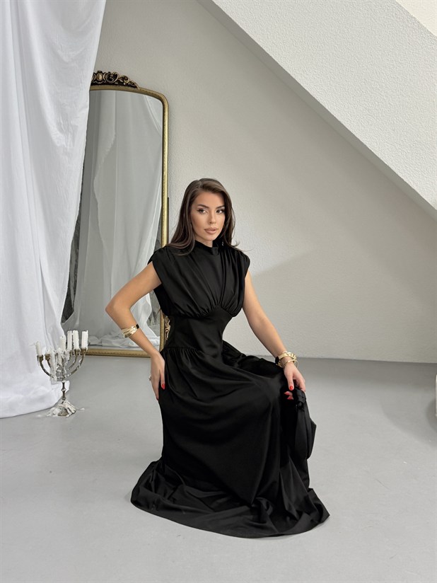 Korse Detaylı Drapeli Elbise - Siyah