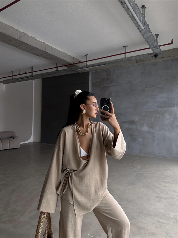 Belden Bağlamalı Keten Kimono Takım - Vizon