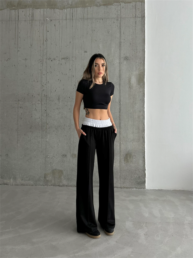 İzya Beli Lastikli Palazzo Eşofman Siyah - Siyah