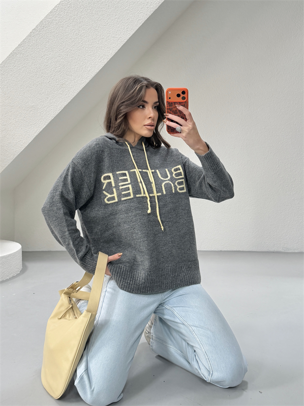 Kapüşonlu Butter Triko Kazak - Füme