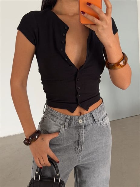 Full Düğmeli Fitilli Basic Bluz - Siyah