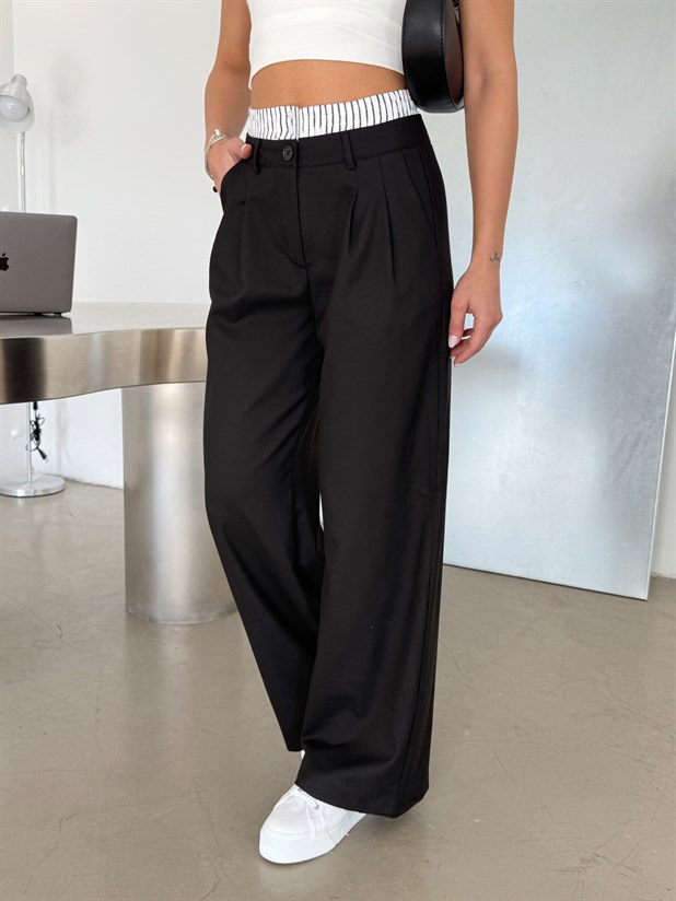 Beli Çizgili Kumaş Pantolon - Siyah