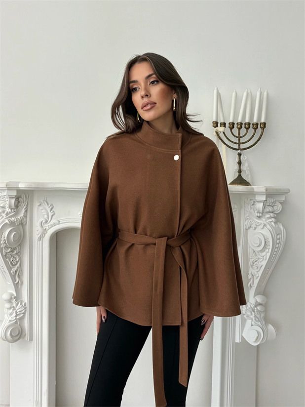 Kaşe Kuşaklı Pelerin Kaban - Taba