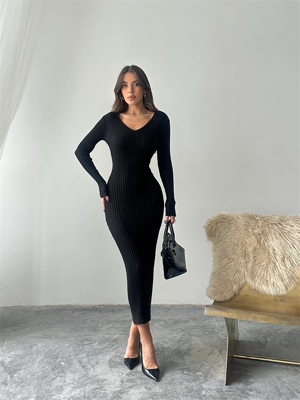 Bel Bağlama Triko Elbise - Siyah