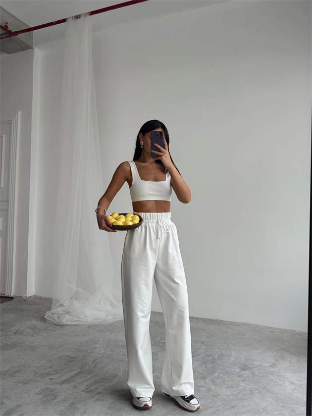 Bel Lastik Detay Palazzo Eşofman - Beyaz