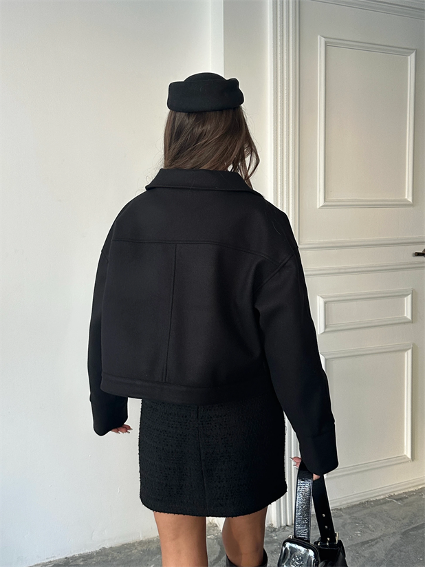 Kaşe Crop Mont - Siyah