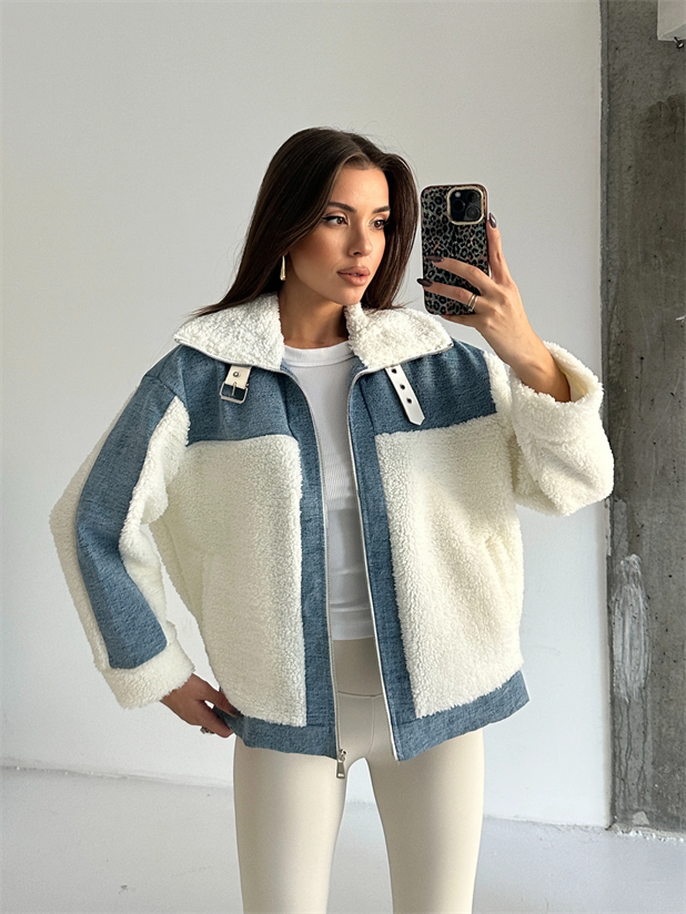Denim Detaylı Peluş Mont - Mavi-Beyaz