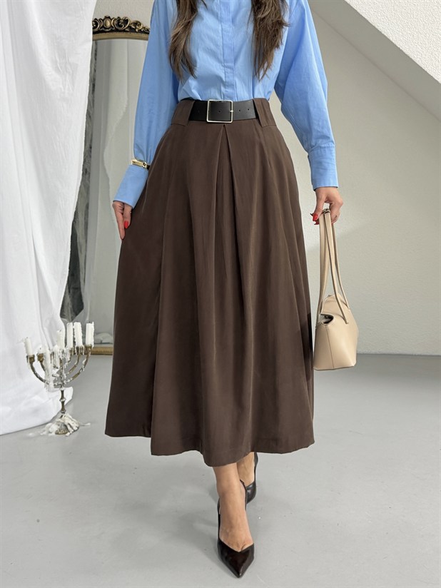 Tensel Kumaş Kemerli Kloş Etek - Kahve