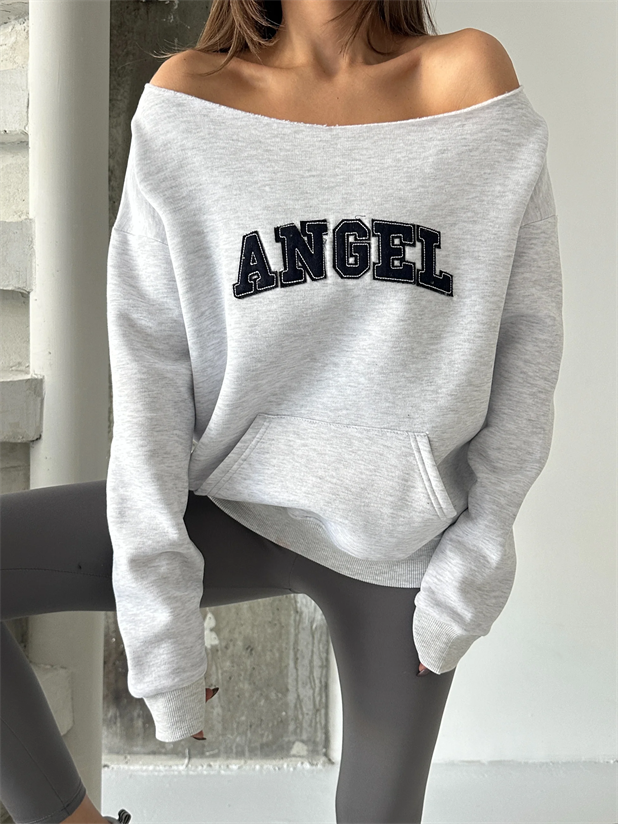 Angel Nakışlı Kayık Yaka Sweat - Gri