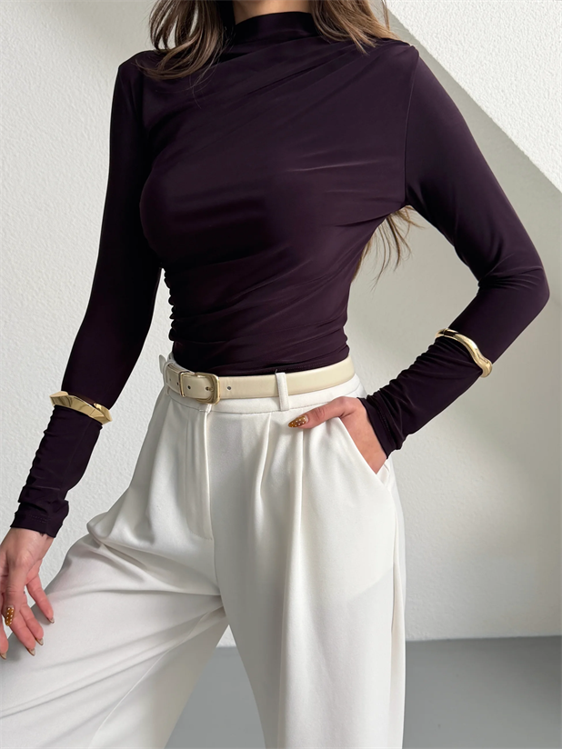 Dik Yaka Drapeli Uzun Kol Bluz - Mürdüm