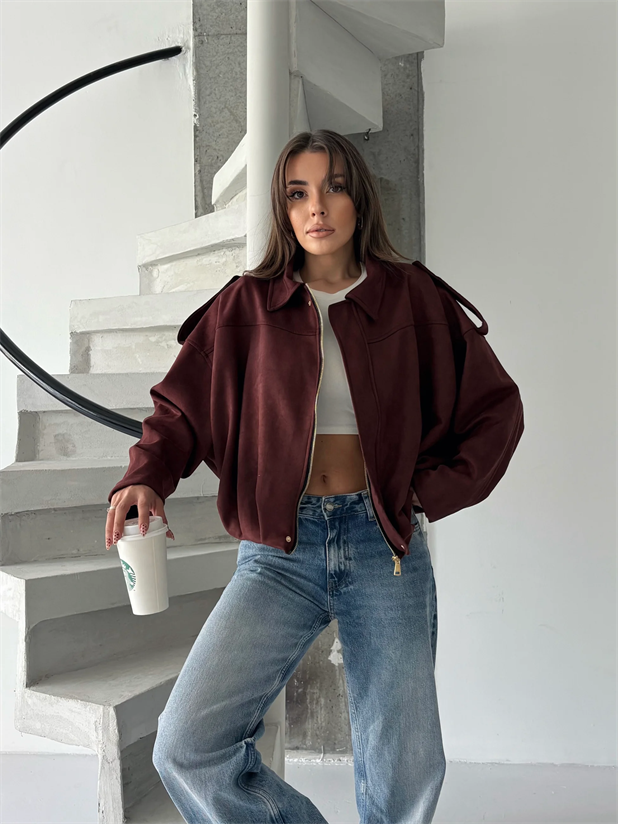 Bomber Süet Ceket - Bordo