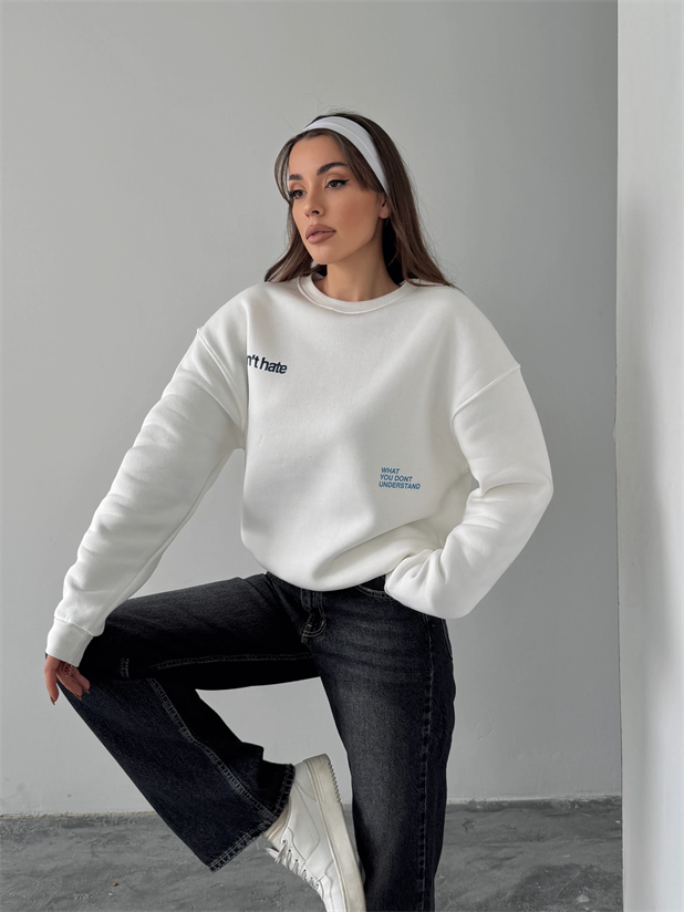Bisiklet Yaka Baskılı Sweat - Beyaz