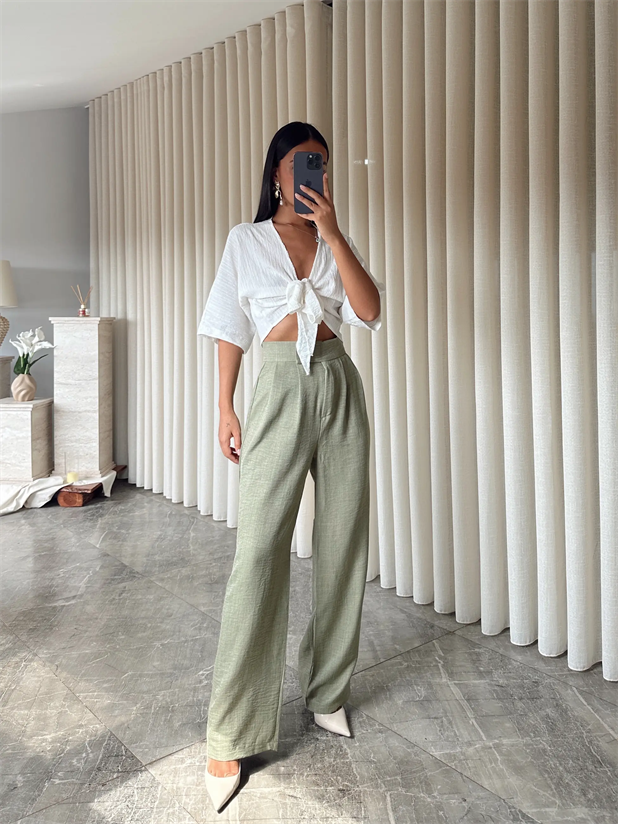 Cırtlı Keten Palazzo  - Haki Yeşil