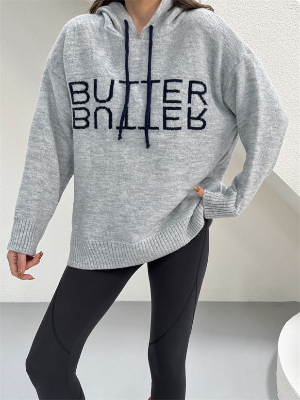 Kapüşonlu Butter Triko Kazak - Gri