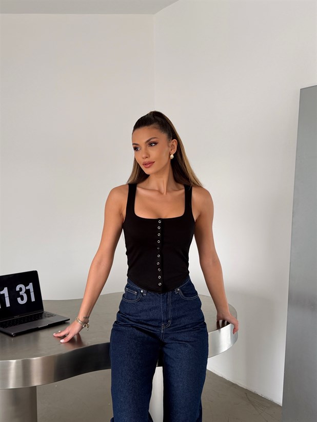 Kare Yaka Çıtçıtlı Bluz - Siyah