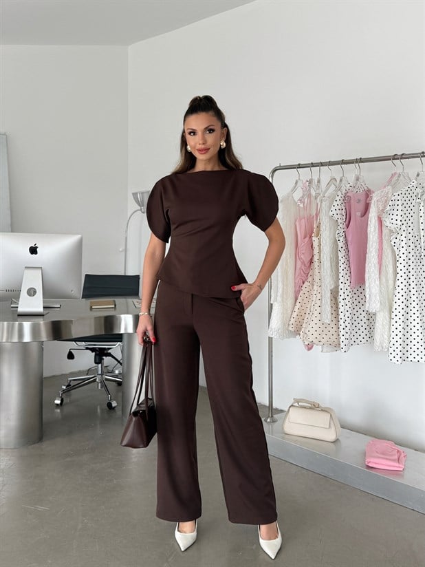 Balon Kol Asimetrik Takım - Kahve