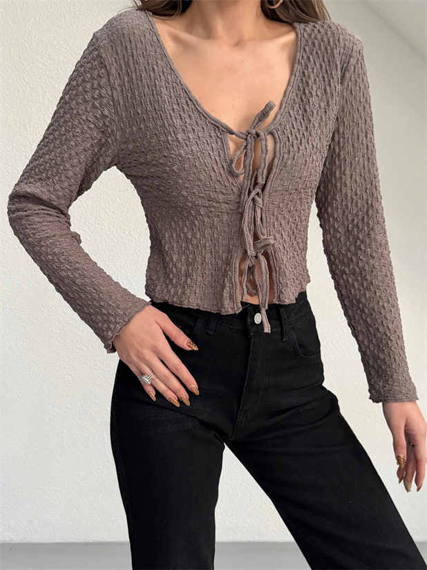 Önü Bağlamalı Bluz - Vizon