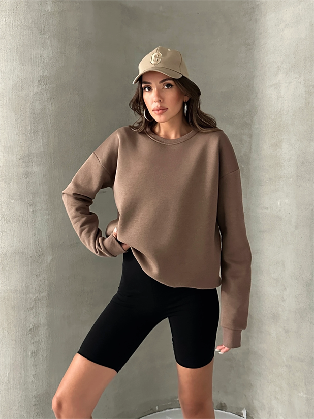 Düz Basic Sweatshırt - Kahve
