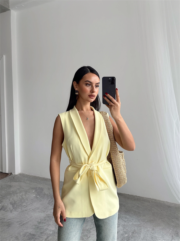 Bağlamalı Blazer Yelek  - Sarı