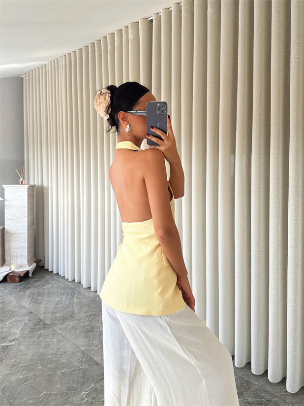 Sırt Dekolte Keten Yelek - Sarı