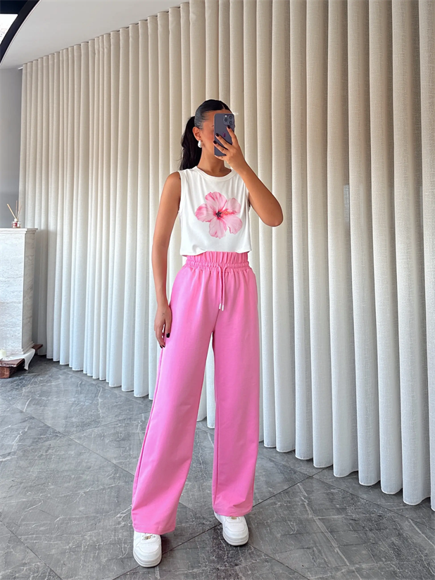 Bel Lastik Detay Palazzo Eşofman - Pembe