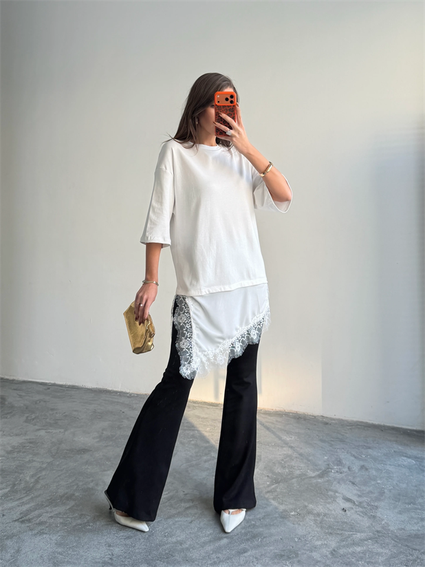 Dantel Detaylı Oversize Basic - Ekru