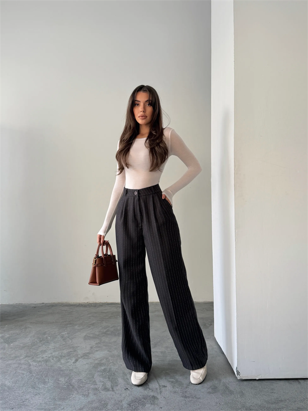 Yünefekt Çizgili Palazzo - Füme