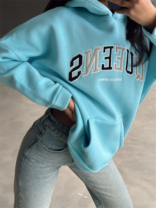Queens Üç İplik Kapüşonlu Oversize Sweat Mavi - Mavi