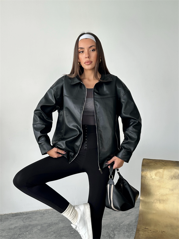 Deri Fermuarlı Bomber Mont - Siyah