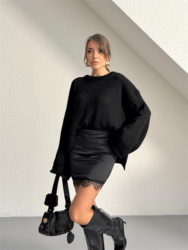 Dantel Detay Saten Mini Etek - Siyah