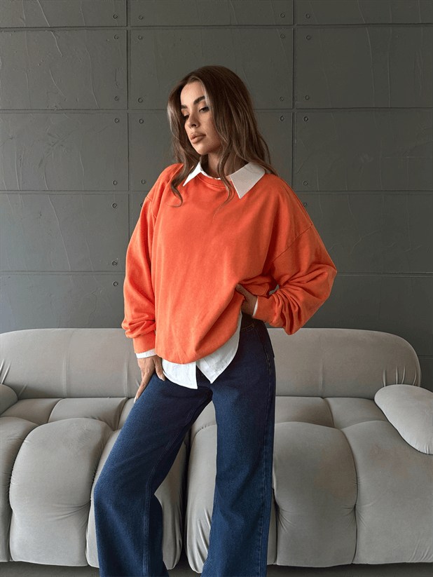 Oversize Yıkama Sweatshirt -Turuncu