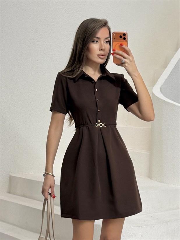 Yarım Düğme Polo Yaka Elbise - Kahve