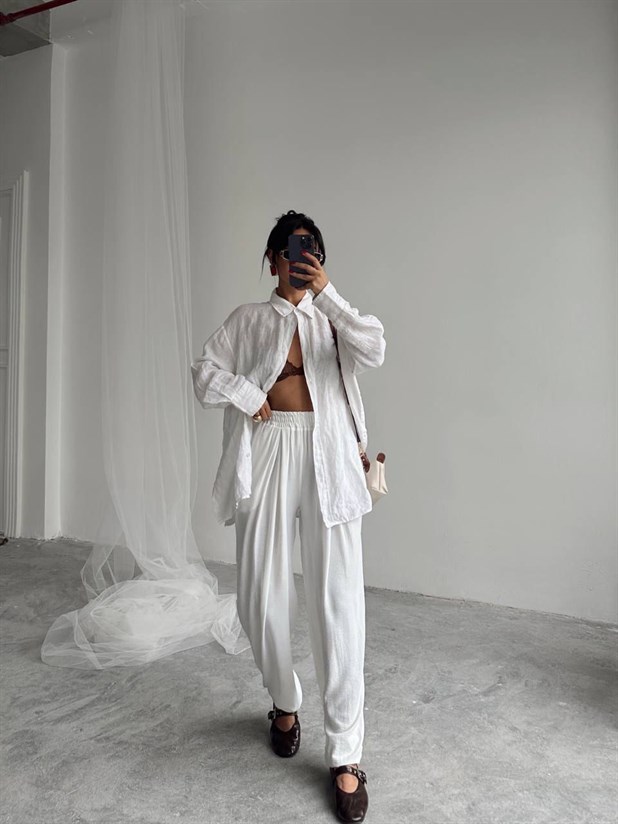 Beli Lastikli Şalvar Pantolon - Beyaz