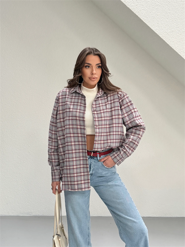 Kareli Oversize Gömlek - Gri