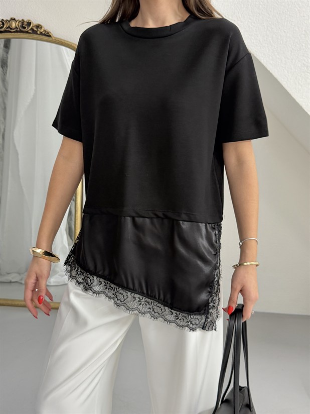 Altı Saten Dantel Basic - Siyah