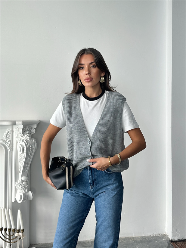 Dört Düğme Selanik Yelek - Gri