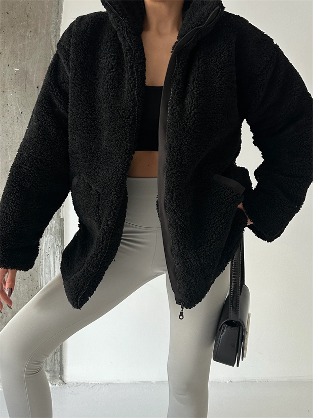 İç Astarlı Oversize Peluş Mont  - Siyah