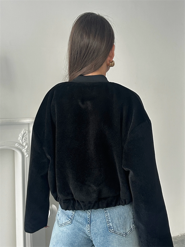 Astarlı Peluş Ceket - Siyah