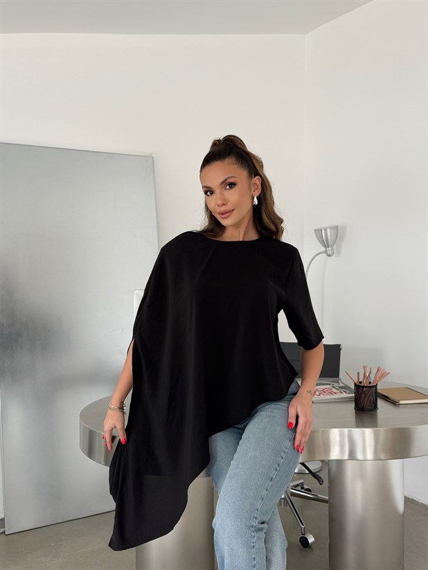 Vatkalı Asimetrik Bluz - Siyah