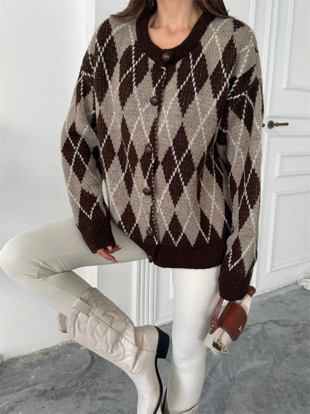 Bisiklet Yaka Baklava Desenli Hırka - Kahve