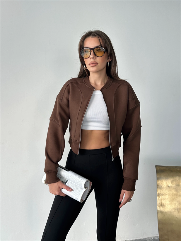 Bisiklet Yaka Fermuarlı Hırka - Kahve