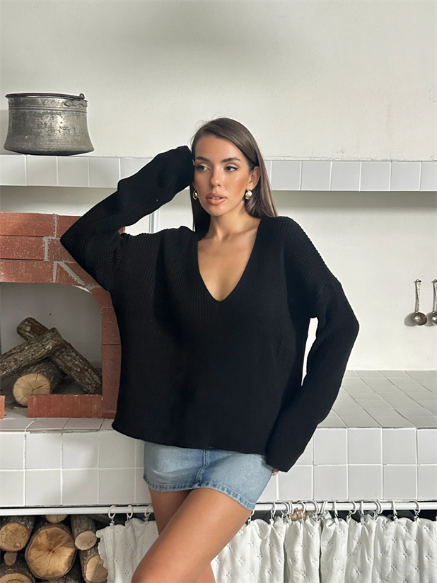 Selanik Örgü V Yaka Triko Kazak - Siyah