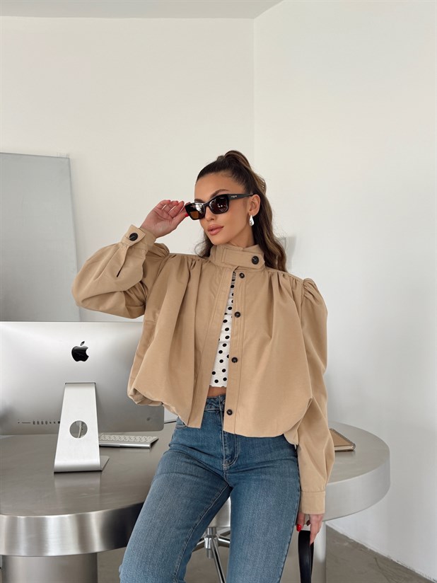 Vatkalı Crop Trençkot - Bej